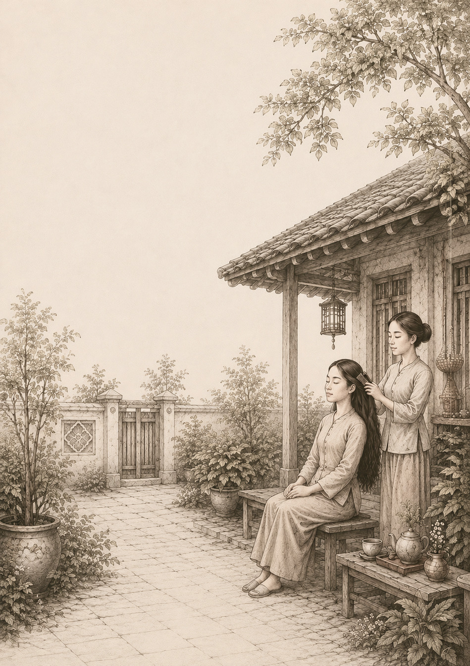 Mái hiên nhà Việt — chải tóc bên hiên, ấm trà và mái ngói cổ